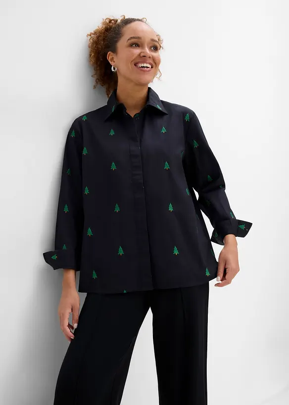 Skjortblus i ekologisk bomull med broderi, bonprix