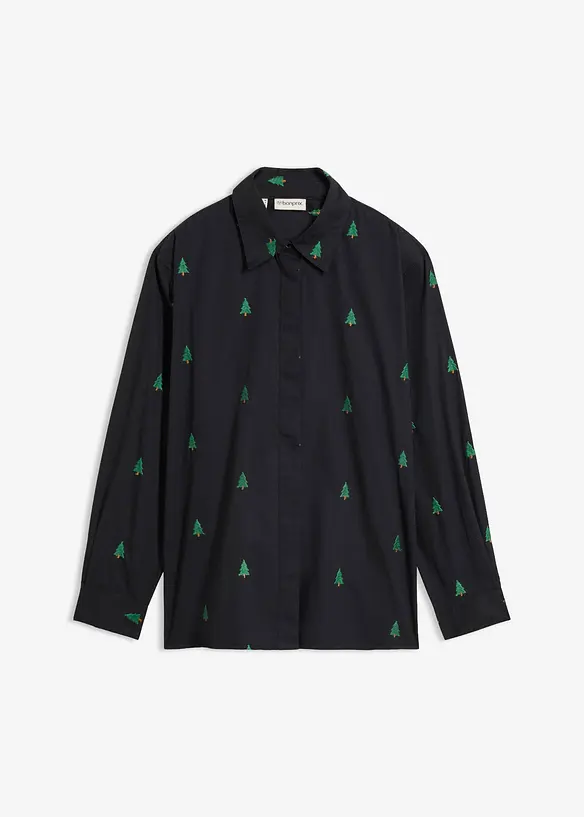 Skjortblus i ekologisk bomull med broderi, bonprix