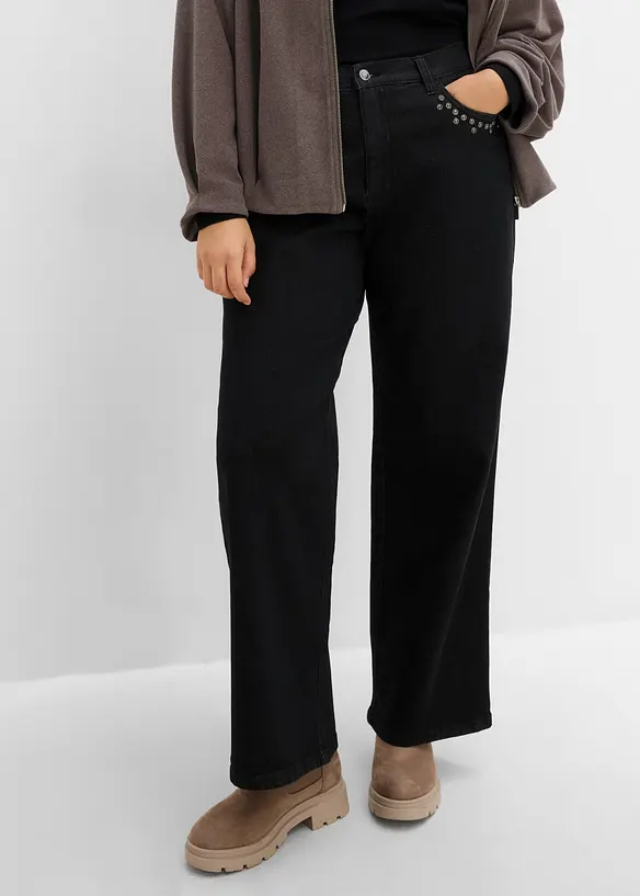 Wide Leg Jeans High Waist, med nitar, bonprix