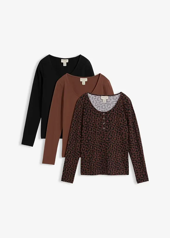 L&aring;ng&auml;rmad topp i ekologisk bomull med stretch (3-pack), bonprix