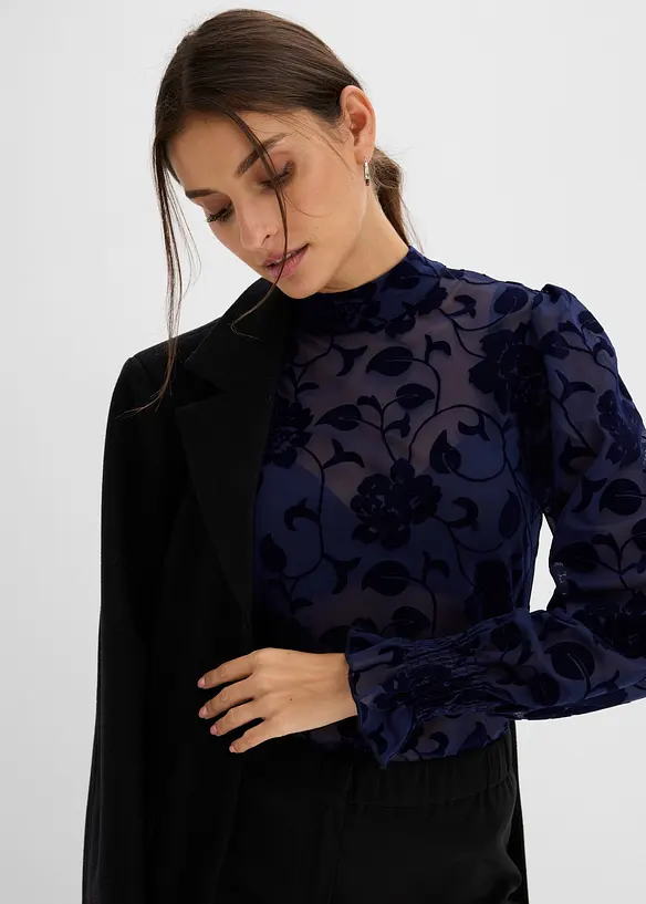 Transparent topp med l&aring;nga &auml;rmar och flocktryck, bonprix