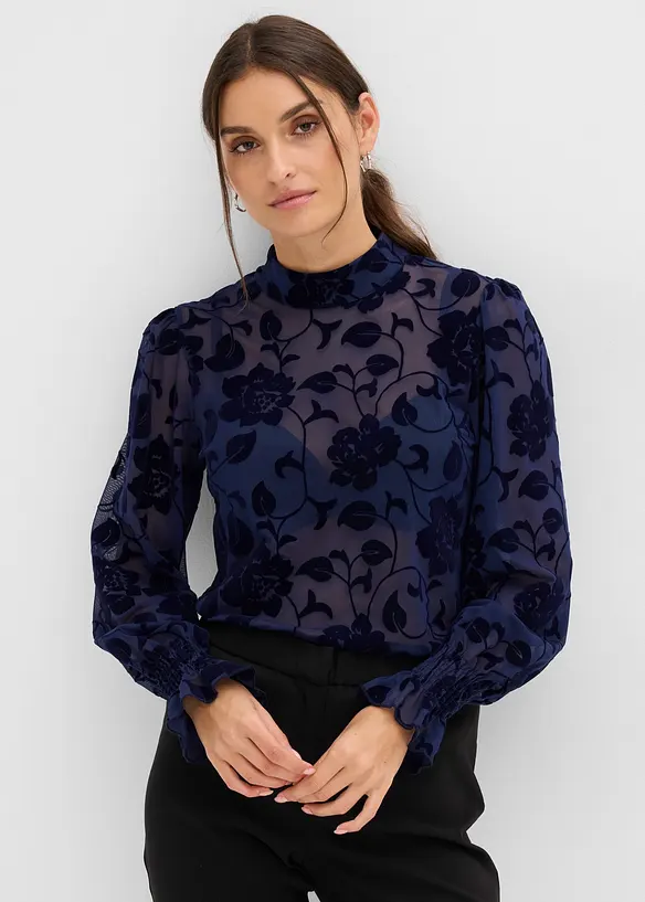 Transparent topp med l&aring;nga &auml;rmar och flocktryck, bonprix