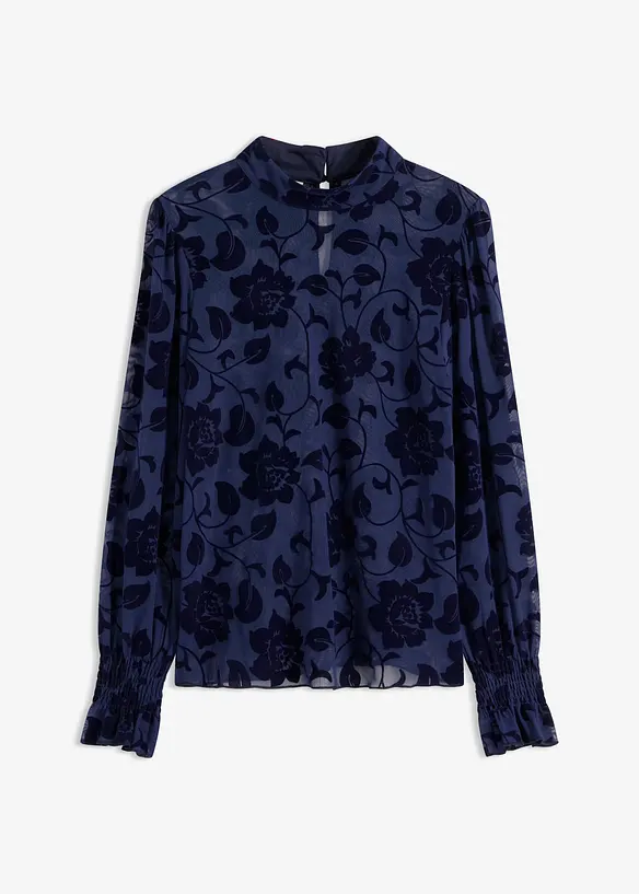 Transparent topp med l&aring;nga &auml;rmar och flocktryck, bonprix