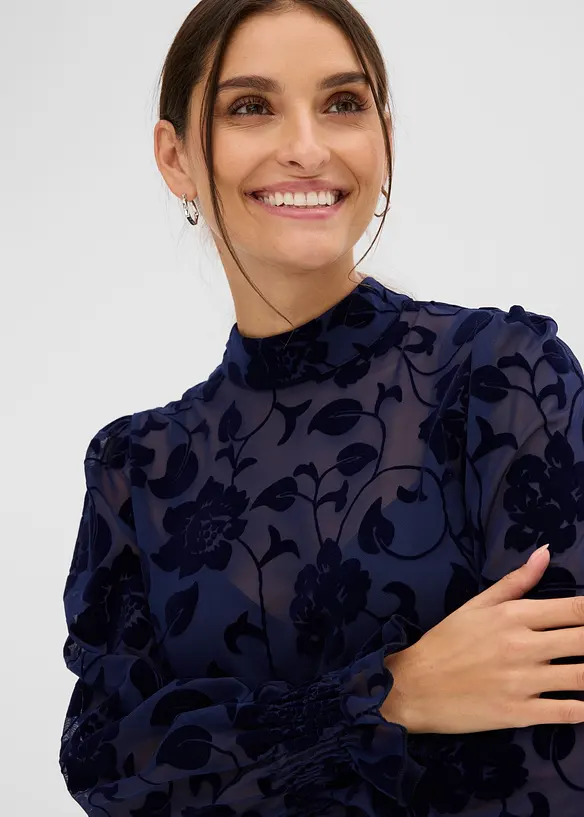 Transparent topp med l&aring;nga &auml;rmar och flocktryck, bonprix