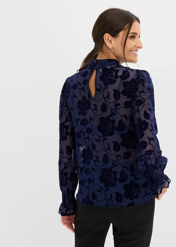 Transparent topp med l&aring;nga &auml;rmar och flocktryck, bonprix