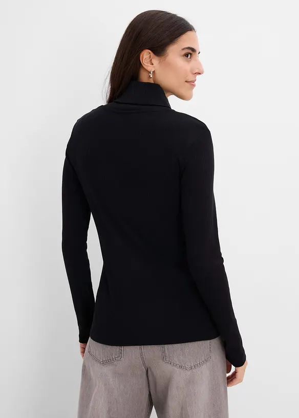 Ribbstickad topp av ren bomull, med polokrage, bonprix