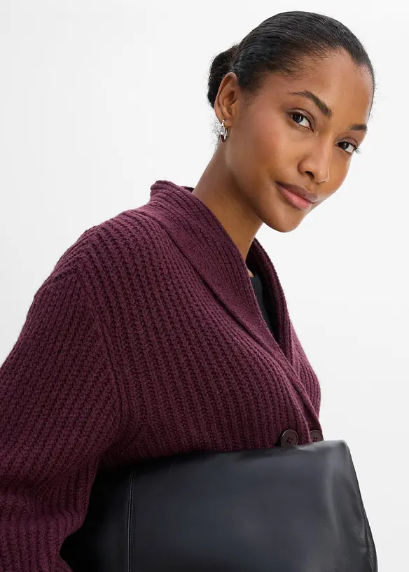 Grovstickad cardigan med krage, bonprix