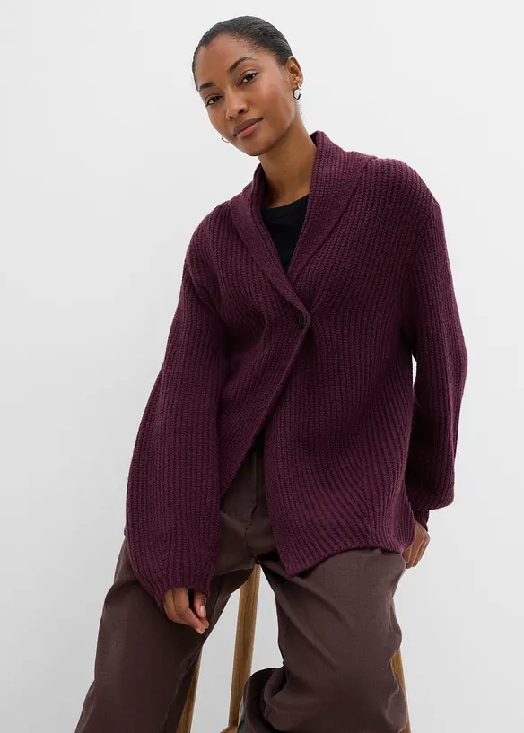 Grovstickad cardigan med krage, bonprix