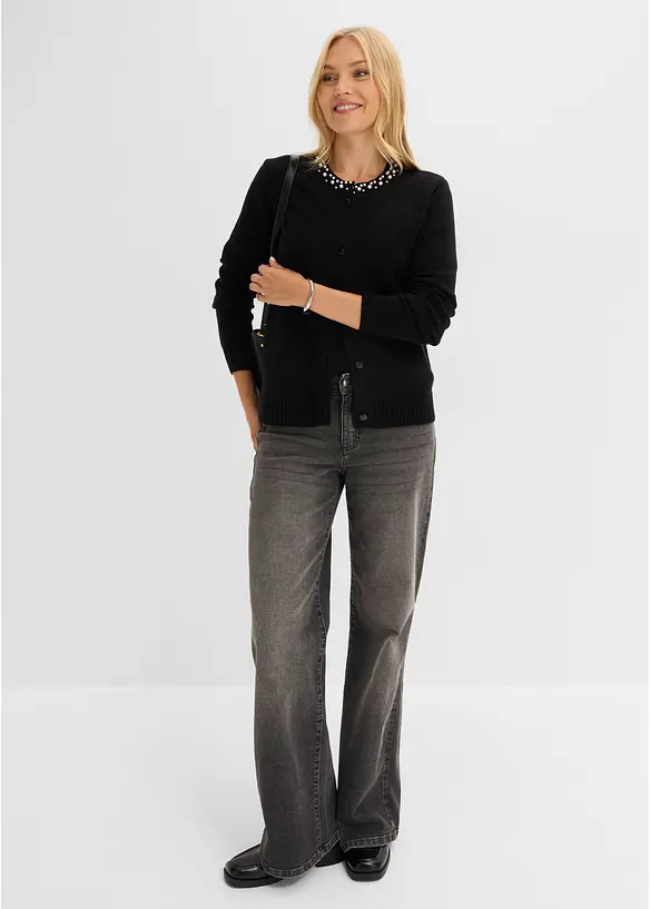 Finstickad cardigan med p&auml;rlkrage, bonprix