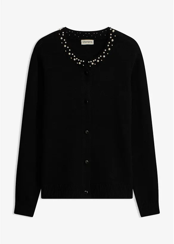 Finstickad cardigan med p&auml;rlkrage, bonprix