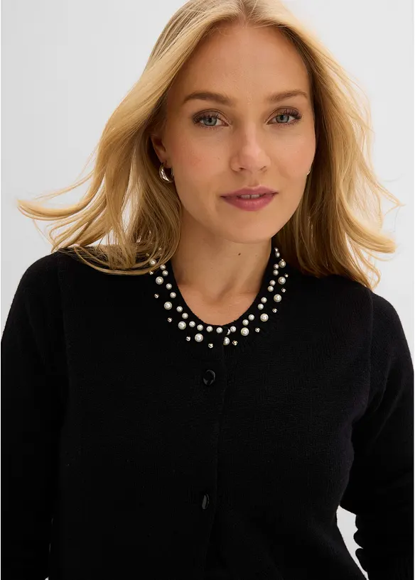 Finstickad cardigan med p&auml;rlkrage, bonprix