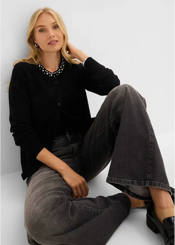 Finstickad cardigan med p&auml;rlkrage, bonprix