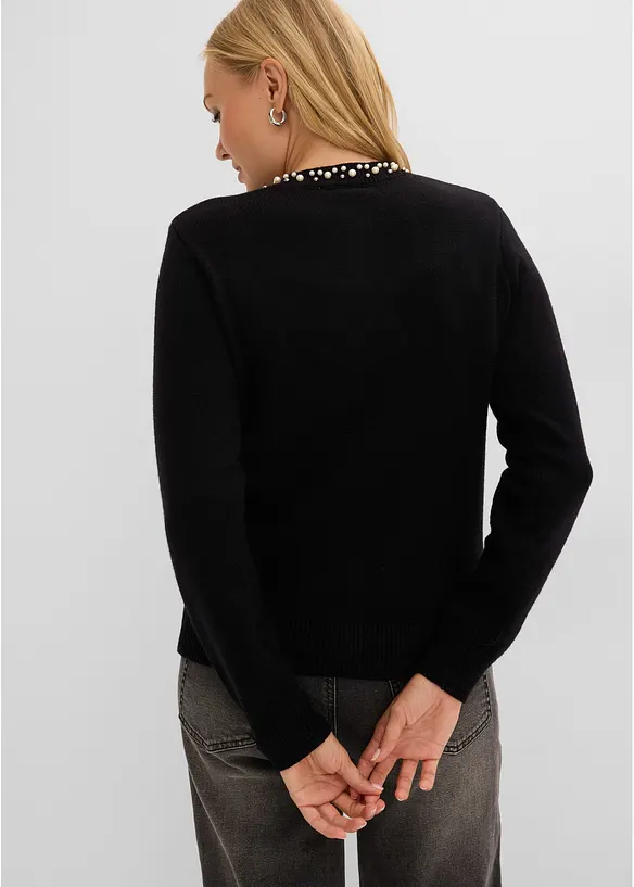 Finstickad cardigan med p&auml;rlkrage, bonprix