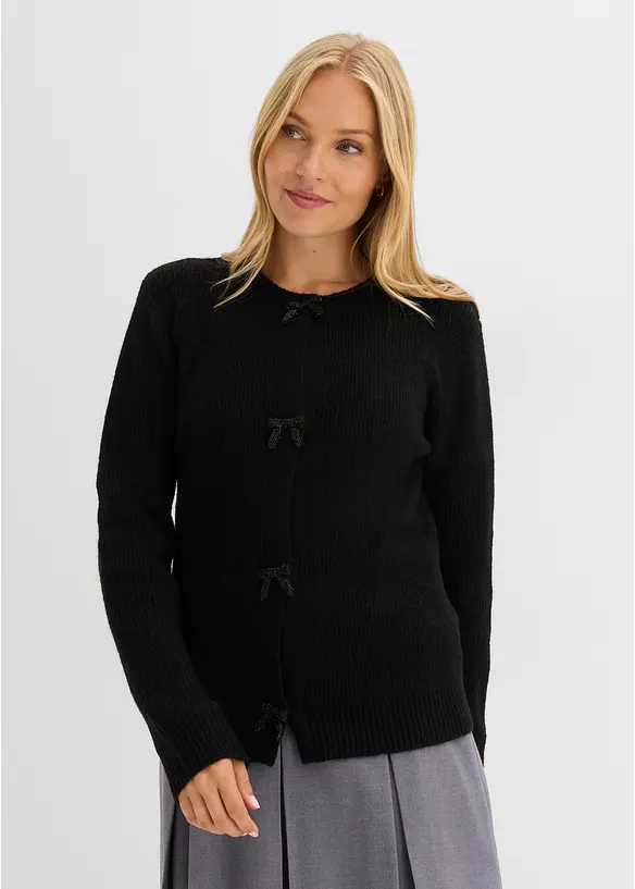 Finstickad cardigan med rosetter, bonprix