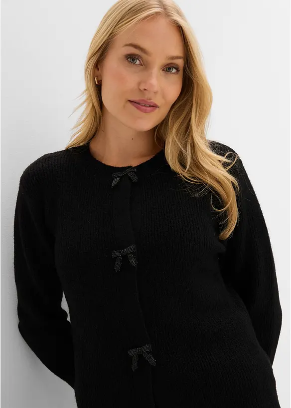 Finstickad cardigan med rosetter, bonprix