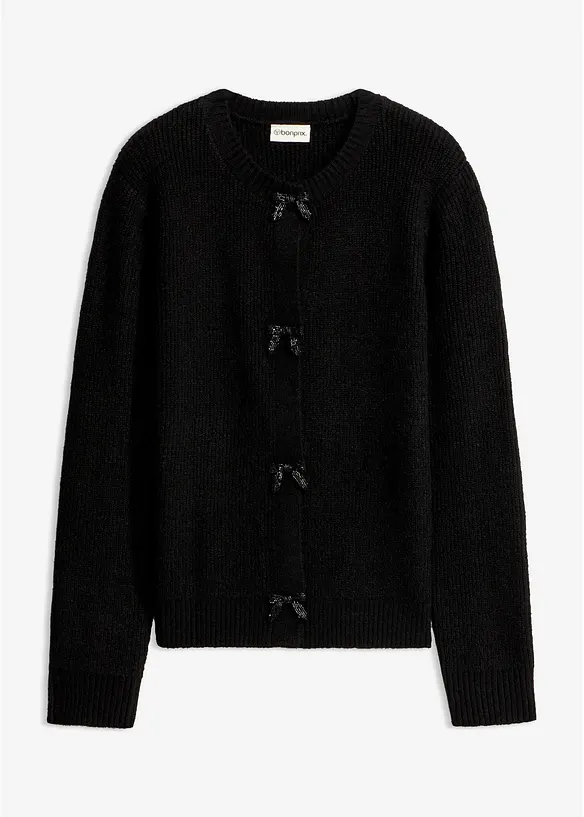 Finstickad cardigan med rosetter, bonprix