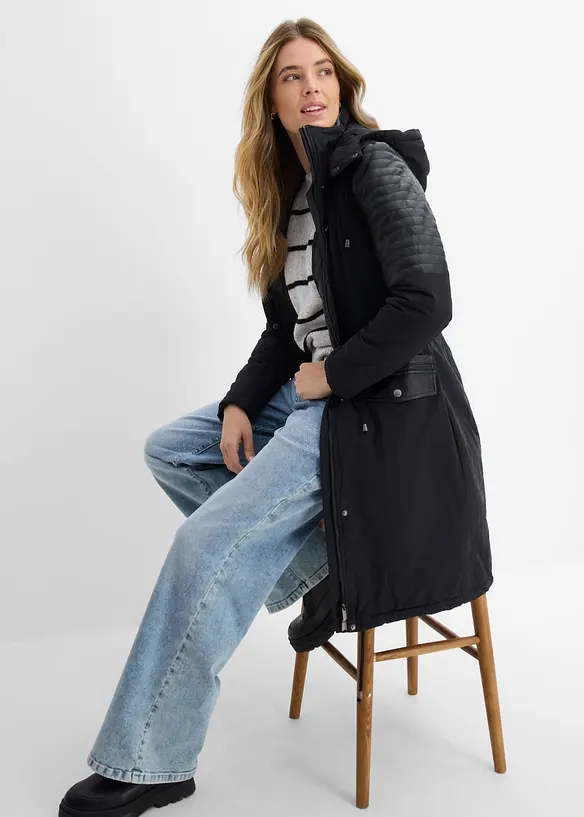 L&aring;ng parkas med inf&auml;llningar av skinnimitation, bonprix