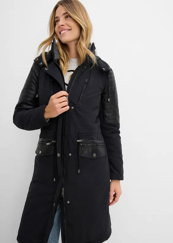 L&aring;ng parkas med inf&auml;llningar av skinnimitation, bonprix