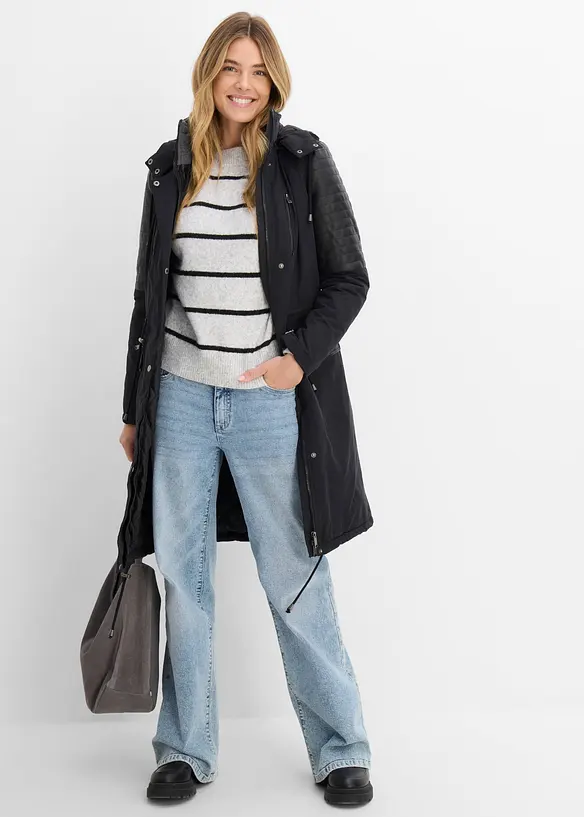 L&aring;ng parkas med inf&auml;llningar av skinnimitation, bonprix