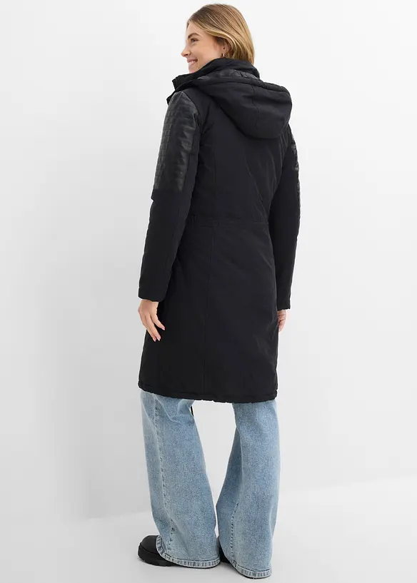L&aring;ng parkas med inf&auml;llningar av skinnimitation, bonprix