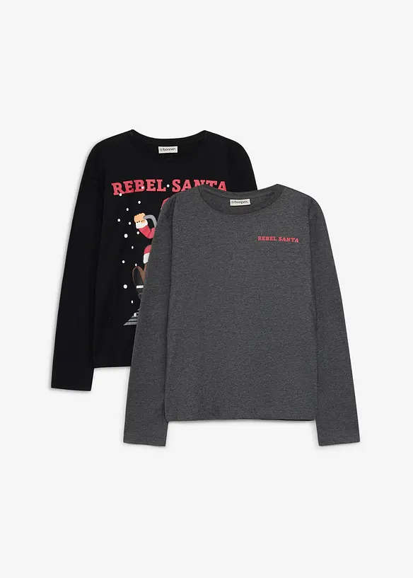 L&aring;ng&auml;rmad T-shirt med ekologisk bomull och julmotiv (2-pack), bonprix