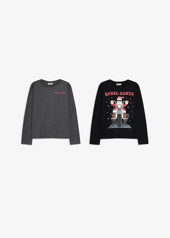 L&aring;ng&auml;rmad T-shirt med ekologisk bomull och julmotiv (2-pack), bonprix