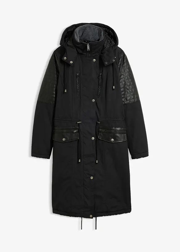 L&aring;ng parkas med inf&auml;llningar av skinnimitation, bonprix