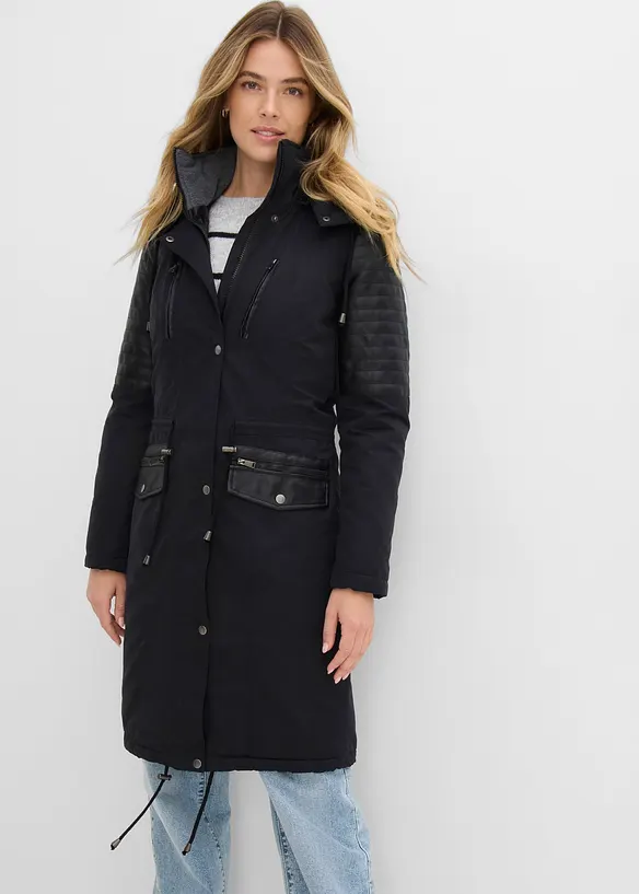 L&aring;ng parkas med inf&auml;llningar av skinnimitation, bonprix