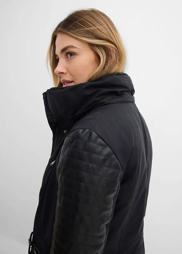 L&aring;ng parkas med inf&auml;llningar av skinnimitation, bonprix
